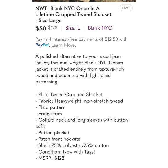 Blank NYC Once In A Lifetime Blue Plaid Tweed Shacket Medium Lady Jacket Western - Picture 15 of 15